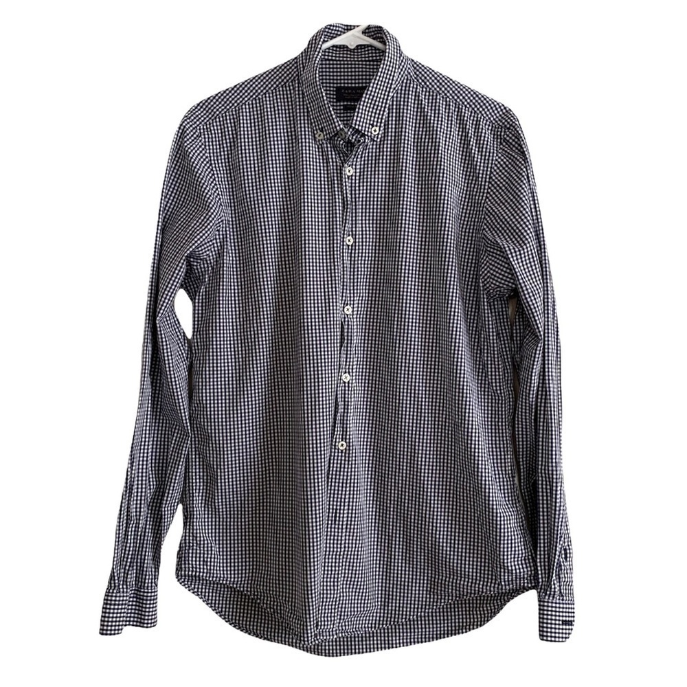 Zara Man Slim Fit Blue & White Checkered Button Down Shirt Size Large